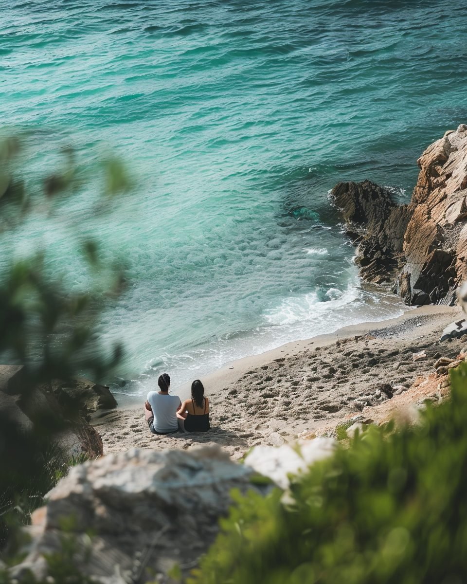 A couple sitting on a quiet beach by the sea